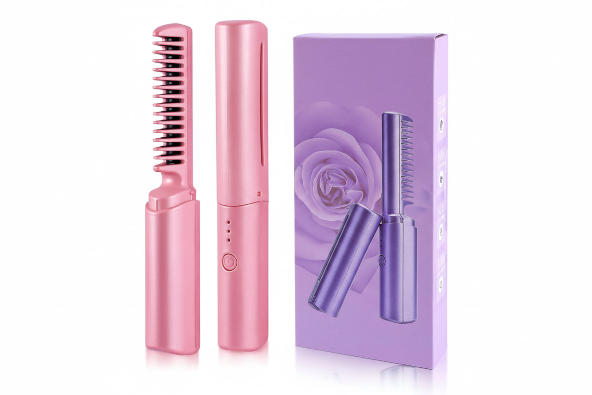 Mini Plancha De Pelo Recargable 2en1 Cepillo y Rizador Rosa