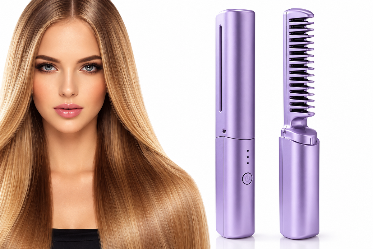 2-in-1 Rechargeable Mini Hair Straightener Brush & Curler (Purple)