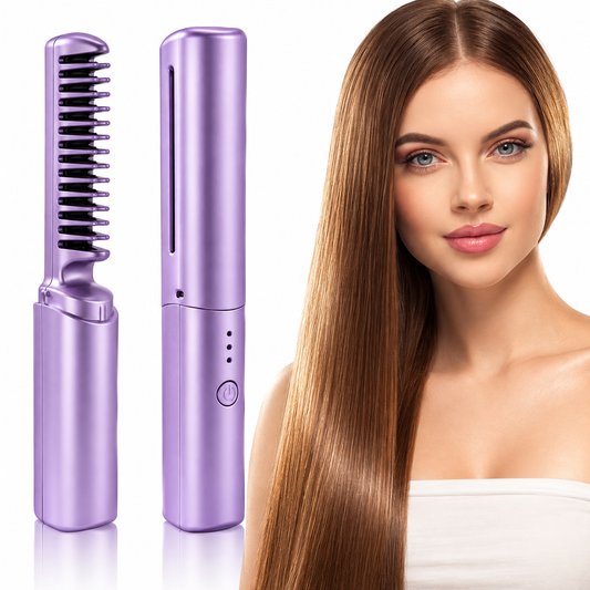 Mini Plancha De Pelo Recargable 2 En 1 Cepillo y Rizador Morada