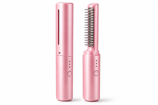 Mini Plancha De Pelo Recargable 2 En 1 Cepillo y Rizador Rosa