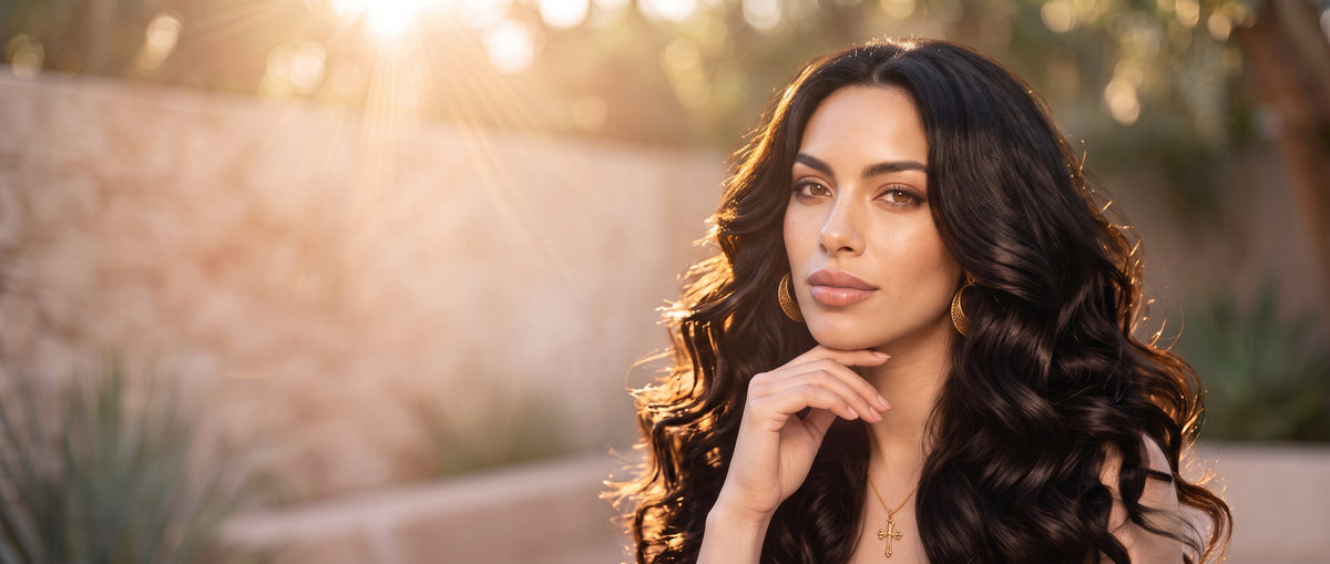 Woman with long, glossy dark wavy hair showcasing the SERVA Beauty's luminous hair care routine.